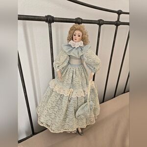 Vintage Pale Blue Lace Porcelain Doll